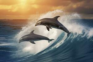 AI generated Playful dolphins jumping over breaking waves. Hawaii Pacific Ocean wildlife scenery. Generative AI photo