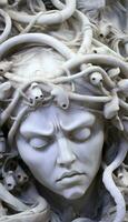 AI generated Portrait of cyborg medusa close up carved in marble. AI Generated photo