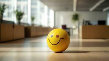 ai generado un amarillo sonriente pelota lata promover un positivo trabajo ambiente. generativo ai foto