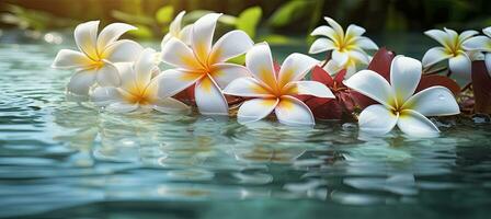 ai generado plumeria flores en verde hoja flotante en agua. un pacífico y sereno escena con un toque de naturaleza y belleza. ai generado foto