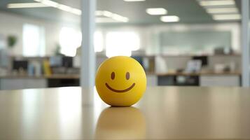 ai generado un amarillo sonriente pelota lata promover un positivo trabajo ambiente. generativo ai foto