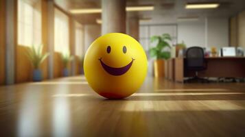 ai generado un amarillo sonriente pelota lata promover un positivo trabajo ambiente. generativo ai foto