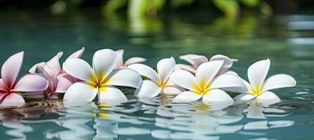 ai generado plumeria flores en verde hoja flotante en agua. un pacífico y sereno escena con un toque de naturaleza y belleza. ai generado foto