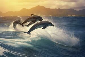 AI generated Playful dolphins jumping over breaking waves. Hawaii Pacific Ocean wildlife scenery. Generative AI photo