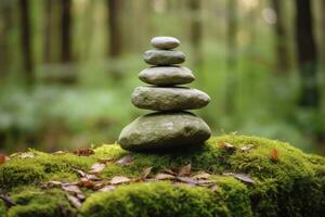 AI generated Pyramid stones balance on old mossy fallen tree. AI Generated photo