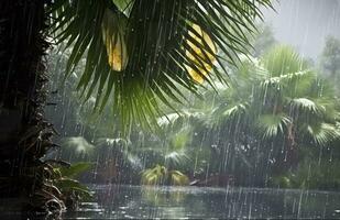 ai generado lluvia en el zona tropical durante el bajo temporada o monzón estación. gotas de lluvia en un jardín. generativo ai foto