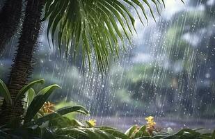 ai generado lluvia en el zona tropical durante el bajo temporada o monzón estación. gotas de lluvia en un jardín. generativo ai foto