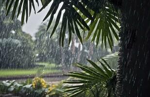 ai generado lluvia en el zona tropical durante el bajo temporada o monzón estación. gotas de lluvia en un jardín. generativo ai foto