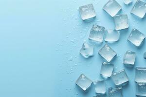 ai generado cubitos de hielo y gotas son aislado en el azul antecedentes con vacío espacio. ai generado foto