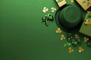 AI generated St Patrick's Day concept. leprechaun headwear gift boxes pot with gold coins. AI Generated photo