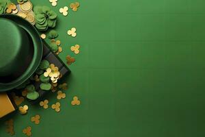 AI generated St Patrick's Day concept. leprechaun headwear gift boxes pot with gold coins. AI Generated photo