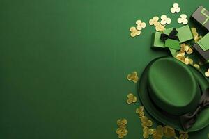 AI generated St Patrick's Day concept. leprechaun headwear gift boxes pot with gold coins. AI Generated photo