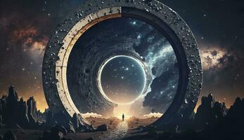 AI generated Portal to another world. Futuristic cosmic landscape with circle tunnel in starry sky. Generative AI photo