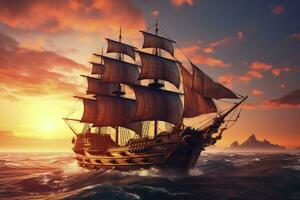 AI generated Pirate ship sailing on the ocean at sunset. Vintage cruise. AI Generated photo