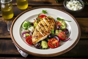 AI generated Seared chicken breast and Greek salad on a wooden table. Generative AI photo