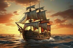 AI generated Pirate ship sailing on the ocean at sunset. Vintage cruise. AI Generated photo