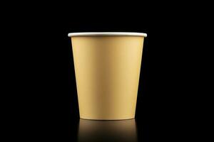 AI generated Side view yellow empty disposable paper fast food cup isolated on black background. Generative AI photo