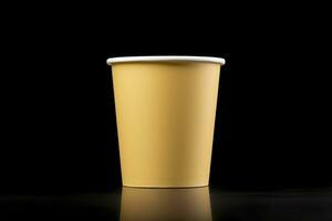 AI generated Side view yellow empty disposable paper fast food cup isolated on black background. Generative AI photo