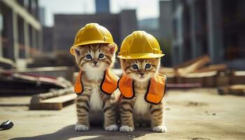 ai generado dos gatitos vistiendo difícil sombreros en un construcción sitio. generativo ai foto