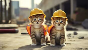 ai generado dos gatitos vistiendo difícil sombreros en un construcción sitio. generativo ai foto