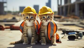 AI generated Two kittens wearing hard hats on a construction site. Generative AI photo