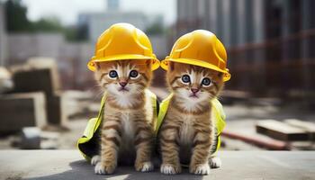 AI generated Two kittens wearing hard hats on a construction site. Generative AI photo