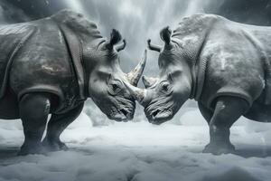 AI generated Two Rhinoceros getting ready for fight on Ice. AI Generated photo