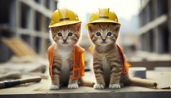 ai generado dos gatitos vistiendo difícil sombreros en un construcción sitio. generativo ai foto