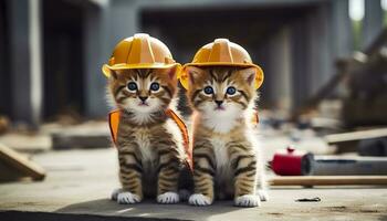 AI generated Two kittens wearing hard hats on a construction site. Generative AI photo