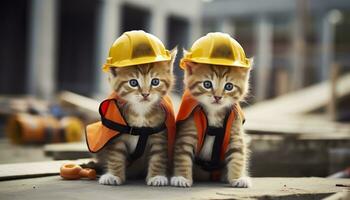 ai generado dos gatitos vistiendo difícil sombreros en un construcción sitio. generativo ai foto