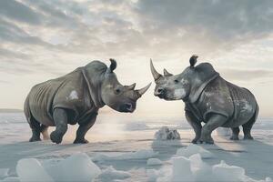 AI generated Two Rhinoceros getting ready for fight on Ice. AI Generated photo