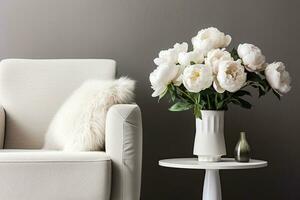 AI generated Vase of white peonies with coffee table and armchair near grey wall. Generative AI photo