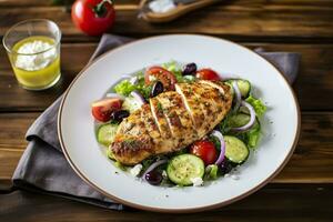 AI generated Seared chicken breast and Greek salad on a wooden table. Generative AI photo