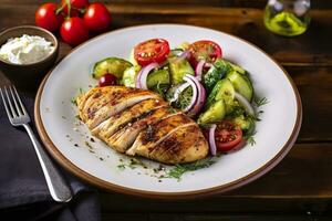 AI generated Seared chicken breast and Greek salad on a wooden table. Generative AI photo