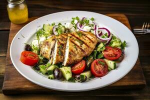 AI generated Seared chicken breast and Greek salad on a wooden table. Generative AI photo