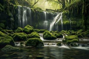 AI generated Waterfall landscape with rocks covered in green moss. AI Generated photo