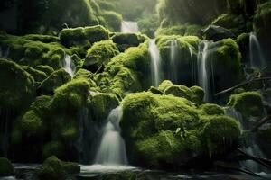 AI generated Waterfall landscape with rocks covered in green moss. AI Generated photo