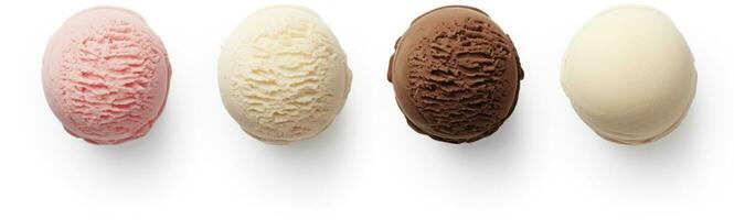 AI generated Set of four various ice cream balls or scoops isolated on white background. AI Generated photo