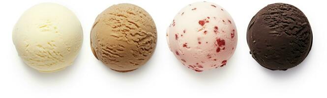 AI generated Set of four various ice cream balls or scoops isolated on white background. AI Generated photo