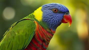 ai generado lado ver de cerca de hermosa y vistoso lorikeet verde nuca pájaro. generativo ai foto