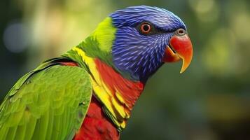 AI generated Side view Closeup of beautiful and colorful Lorikeet Green naped bird. Generative AI photo