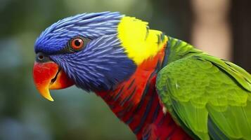 AI generated Side view Closeup of beautiful and colorful Lorikeet Green naped bird. Generative AI photo