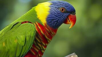 AI generated Side view Closeup of beautiful and colorful Lorikeet Green naped bird. Generative AI photo