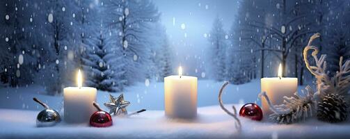 AI generated Winter Forest Landscape With Burning Candles Christmas Decoration. AI Generated photo