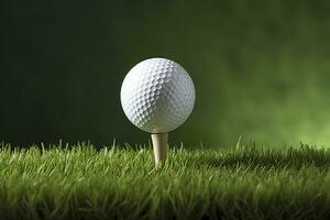 ai generado blanco golf pelota en de madera tee con césped. generativo ai foto