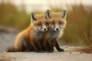 AI generated Wild baby red foxes cuddling at the beach. Generative AI photo