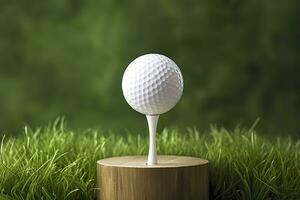 AI generated White golf ball on wooden tee with grass. Generative AI photo