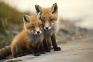 AI generated Wild baby red foxes cuddling at the beach. Generative AI photo