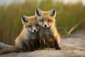 AI generated Wild baby red foxes cuddling at the beach. Generative AI photo