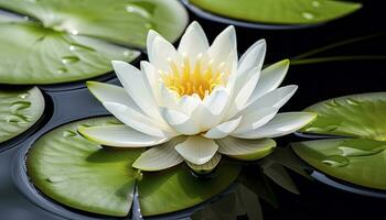 AI generated White water lily. White lotus with leaves on dark pond. AI Generated photo